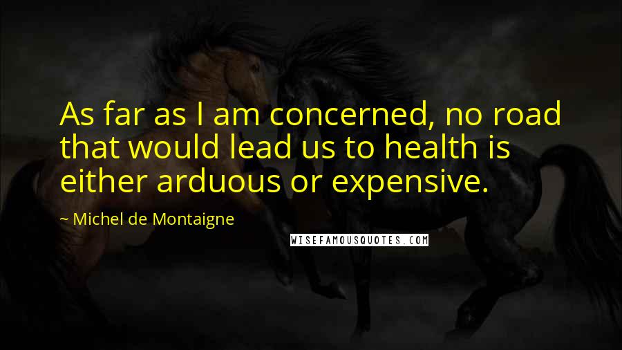 Michel De Montaigne quotes: As far as I am concerned, no road that would lead us to health is either arduous or expensive.