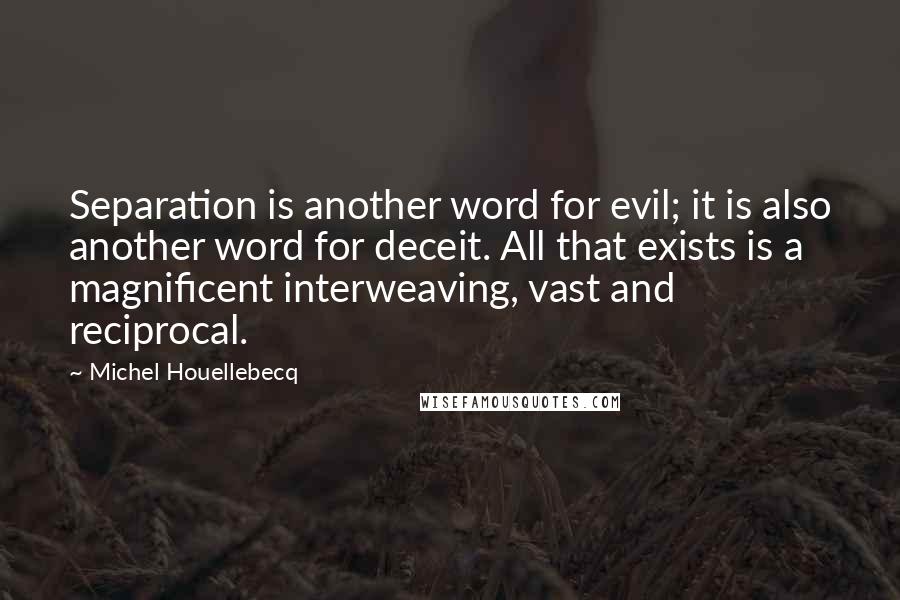 Michel Houellebecq quotes: Separation is another word for evil; it is also another word for deceit. All that exists is a magnificent interweaving, vast and reciprocal.