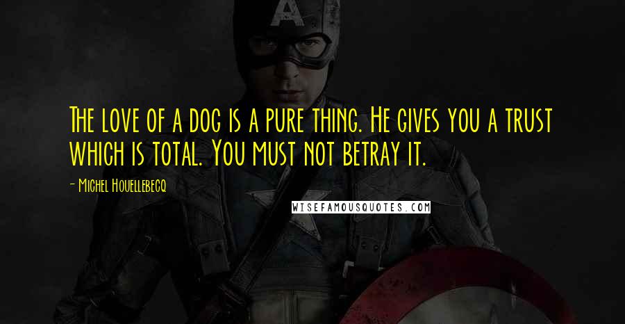 Michel Houellebecq quotes: The love of a dog is a pure thing. He gives you a trust which is total. You must not betray it.