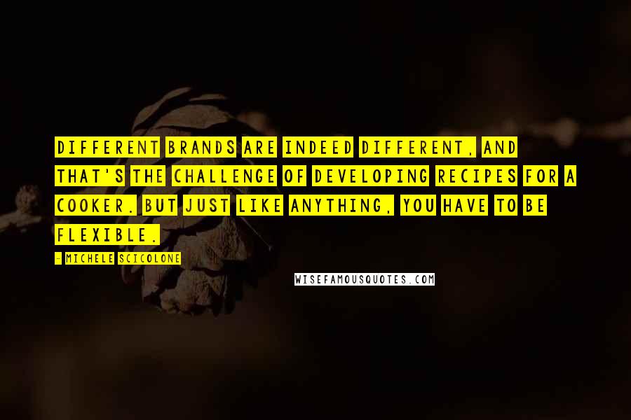 Michele Scicolone quotes: Different brands are indeed different, and that's the challenge of developing recipes for a cooker. But just like anything, you have to be flexible. Michele Scicolone quotes: Different brands are indeed different, and that's the challenge of developing recipes for a cooker. But just like anything, you have to be flexible.