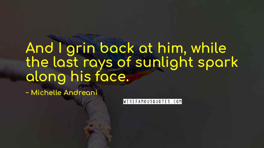 Michelle Andreani quotes: And I grin back at him, while the last rays of sunlight spark along his face.