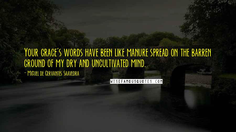 Miguel De Cervantes Saavedra quotes: Your grace's words have been like manure spread on the barren ground of my dry and uncultivated mind. Miguel De Cervantes Saavedra quotes: Your grace's words have been like manure spread on the barren ground of my dry and uncultivated mind.