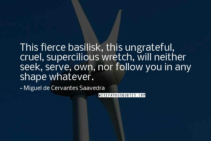 Miguel De Cervantes Saavedra quotes: This fierce basilisk, this ungrateful, cruel, supercilious wretch, will neither seek, serve, own, nor follow you in any shape whatever. Miguel De Cervantes Saavedra quotes: This fierce basilisk, this ungrateful, cruel, supercilious wretch, will neither seek, serve, own, nor follow you in any shape whatever.