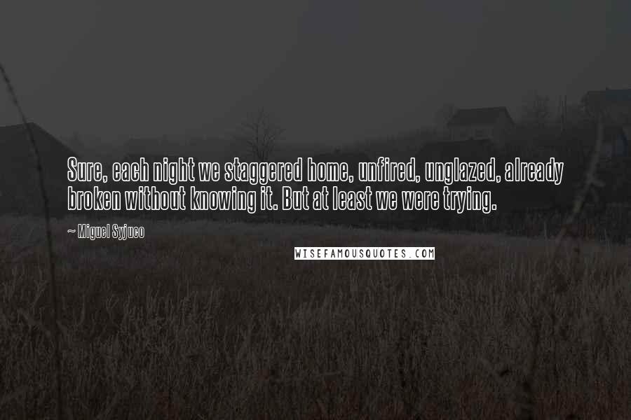 Miguel Syjuco quotes: Sure, each night we staggered home, unfired, unglazed, already broken without knowing it. But at least we were trying.