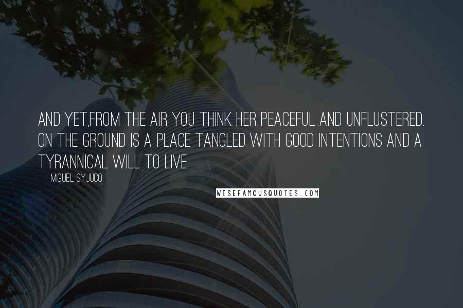 Miguel Syjuco quotes: And yet,from the air you think her peaceful and unflustered. On the ground is a place tangled with good intentions and a tyrannical will to live.