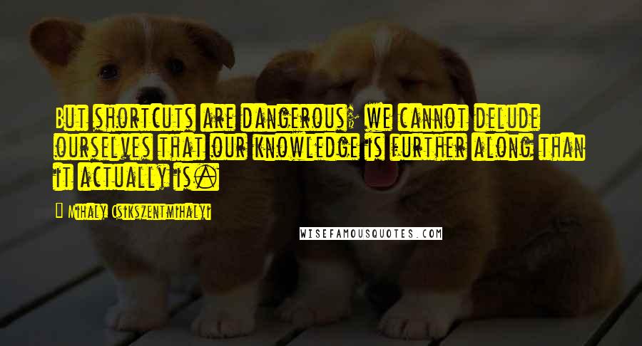 Mihaly Csikszentmihalyi quotes: But shortcuts are dangerous; we cannot delude ourselves that our knowledge is further along than it actually is. Mihaly Csikszentmihalyi quotes: But shortcuts are dangerous; we cannot delude ourselves that our knowledge is further along than it actually is.