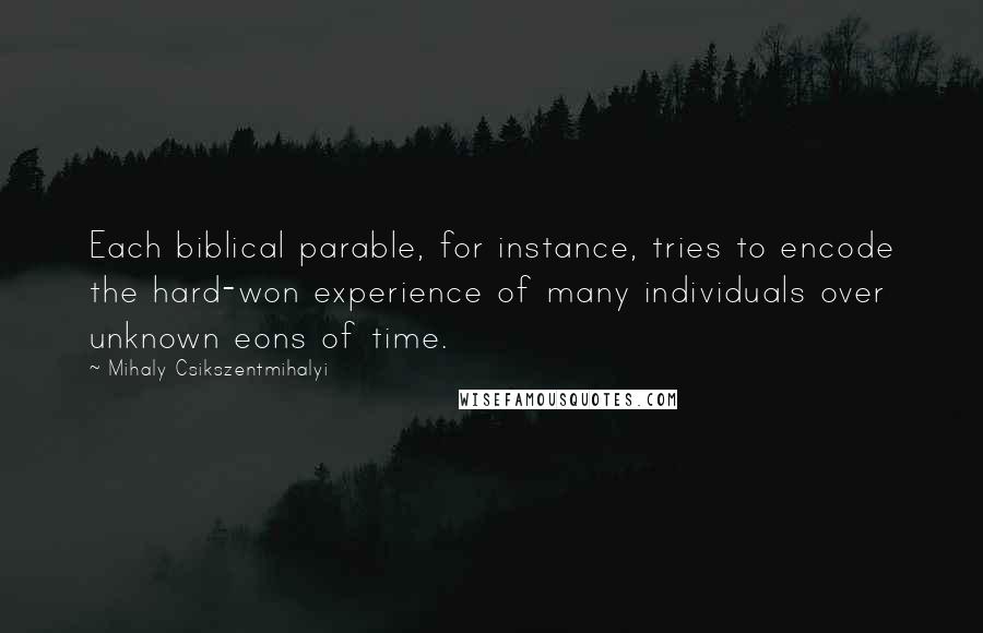 Mihaly Csikszentmihalyi quotes: Each biblical parable, for instance, tries to encode the hard-won experience of many individuals over unknown eons of time.