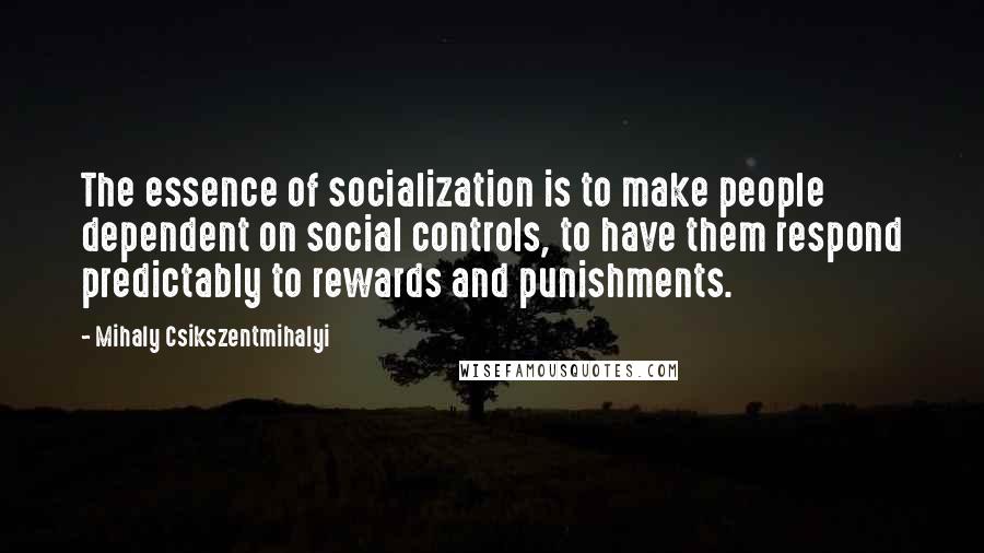 Mihaly Csikszentmihalyi quotes: The essence of socialization is to make people dependent on social controls, to have them respond predictably to rewards and punishments. Mihaly Csikszentmihalyi quotes: The essence of socialization is to make people dependent on social controls, to have them respond predictably to rewards and punishments.