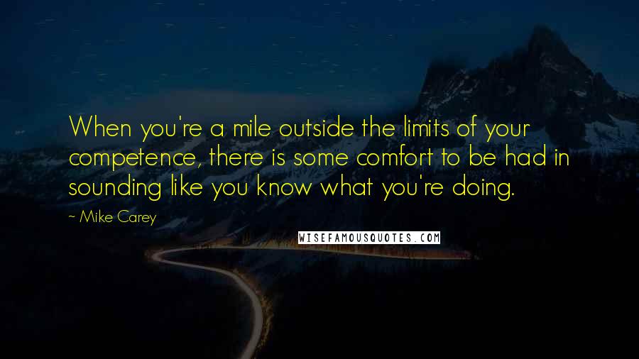 Mike Carey quotes: When you're a mile outside the limits of your competence, there is some comfort to be had in sounding like you know what you're doing.