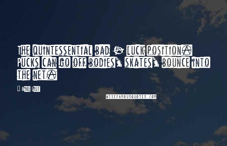 Mike Liut quotes: The quintessential bad - luck position. Pucks can go off bodies, skates, bounce into the net.