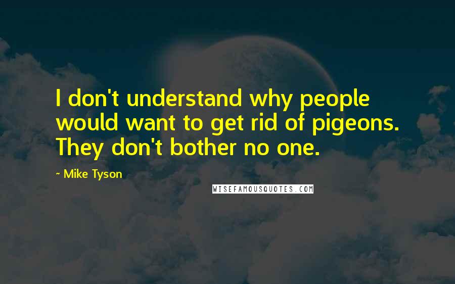 Mike Tyson quotes: I don't understand why people would want to get rid of pigeons. They don't bother no one.
