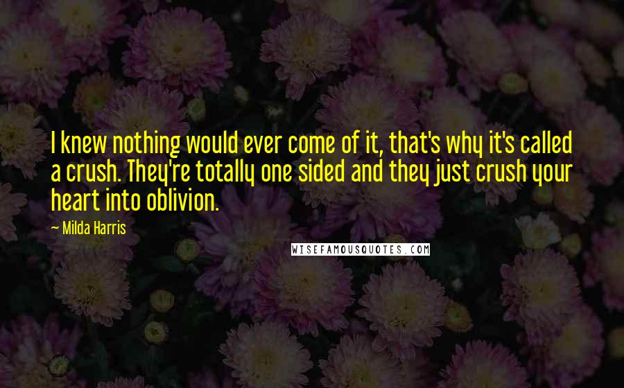 Milda Harris quotes: I knew nothing would ever come of it, that's why it's called a crush. They're totally one sided and they just crush your heart into oblivion. Milda Harris quotes: I knew nothing would ever come of it, that's why it's called a crush. They're totally one sided and they just crush your heart into oblivion.