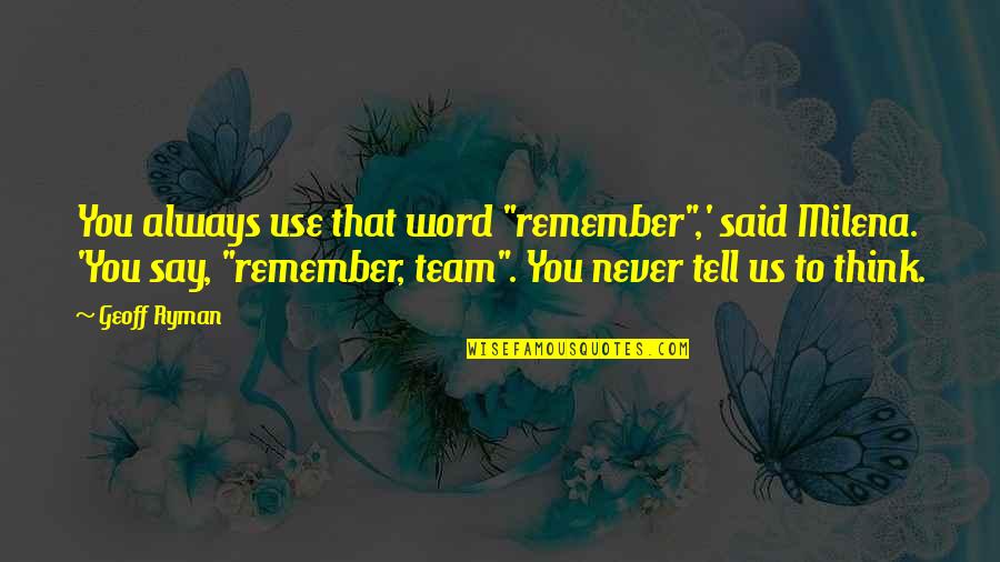 Milena Quotes By Geoff Ryman: You always use that word "remember",' said Milena. Milena Quotes By Geoff Ryman: You always use that word "remember",' said Milena.