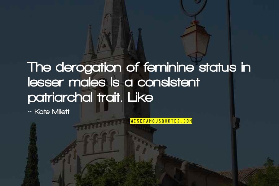 Millett Quotes By Kate Millett: The derogation of feminine status in lesser males Millett Quotes By Kate Millett: The derogation of feminine status in lesser males
