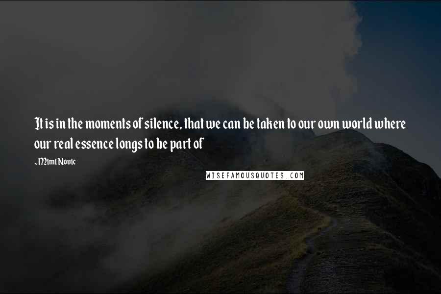 Mimi Novic quotes: It is in the moments of silence, that we can be taken to our own world where our real essence longs to be part of