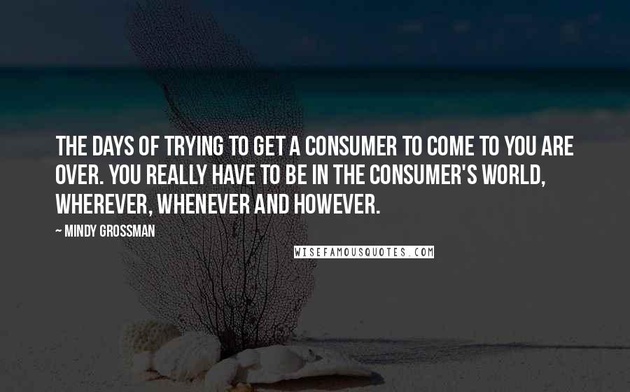 Mindy Grossman quotes: The days of trying to get a consumer to come to you are over. You really have to be in the consumer's world, wherever, whenever and however.