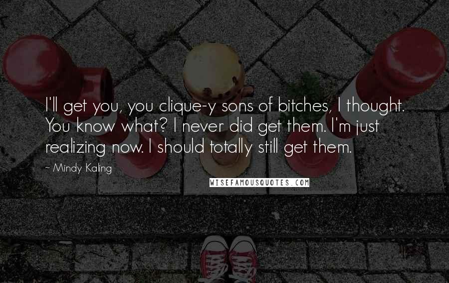 Mindy Kaling quotes: I'll get you, you clique-y sons of bitches, I thought. You know what? I never did get them. I'm just realizing now. I should totally still get them.