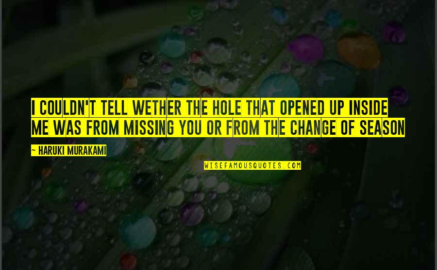 Missing You And Me Quotes By Haruki Murakami: I couldn't tell wether the hole that opened Missing You And Me Quotes By Haruki Murakami: I couldn't tell wether the hole that opened