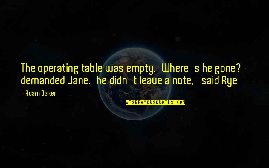 Mjtess Quotes By Adam Baker: The operating table was empty.'Where's he gone?' demanded