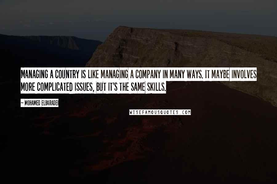 Mohamed ElBaradei quotes: Managing a country is like managing a company in many ways. It maybe involves more complicated issues, but it's the same skills. Mohamed ElBaradei quotes: Managing a country is like managing a company in many ways. It maybe involves more complicated issues, but it's the same skills.