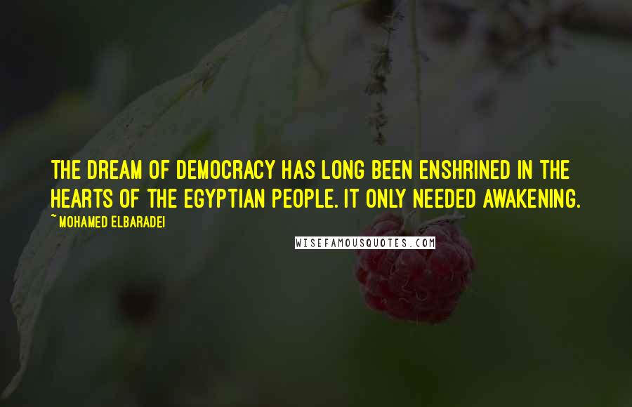 Mohamed ElBaradei quotes: The dream of democracy has long been enshrined in the hearts of the Egyptian people. It only needed awakening. Mohamed ElBaradei quotes: The dream of democracy has long been enshrined in the hearts of the Egyptian people. It only needed awakening.