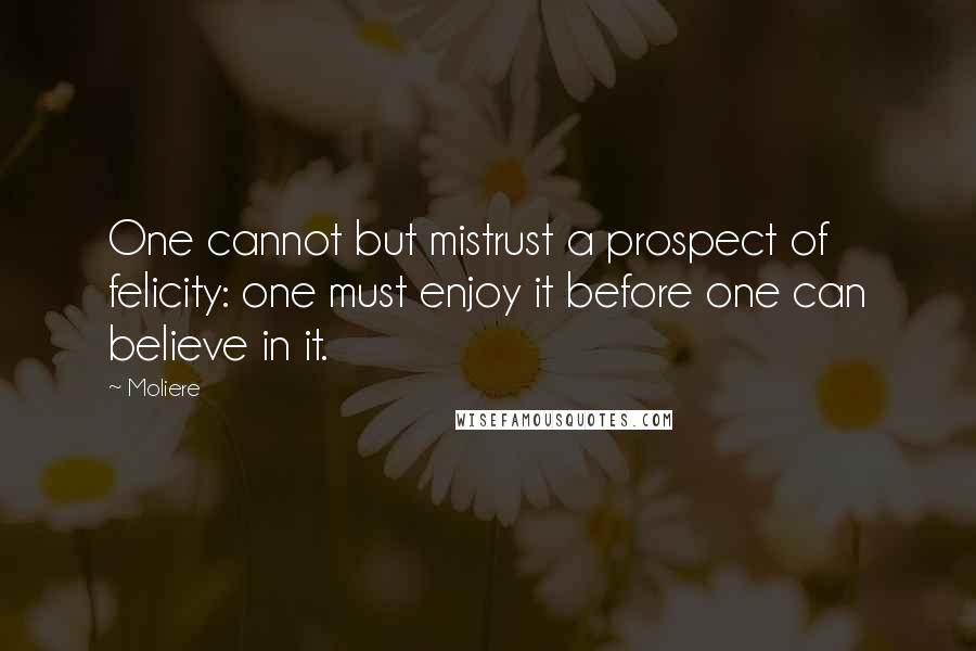 Moliere quotes: One cannot but mistrust a prospect of felicity: one must enjoy it before one can believe in it.