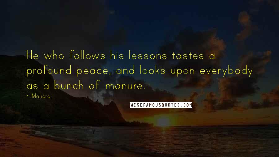 Moliere quotes: He who follows his lessons tastes a profound peace, and looks upon everybody as a bunch of manure.