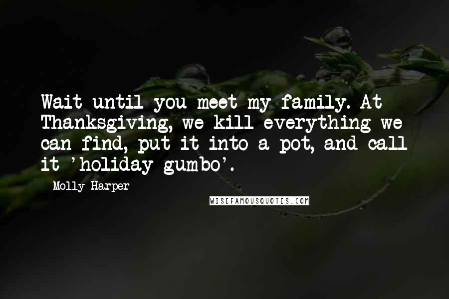 Molly Harper quotes: Wait until you meet my family. At Thanksgiving, we kill everything we can find, put it into a pot, and call it 'holiday gumbo'.