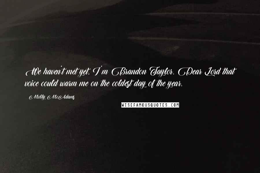 Molly McAdams quotes: We haven't met yet, I'm Brandon Taylor. Dear Lord that voice could warm me on the coldest day of the year.