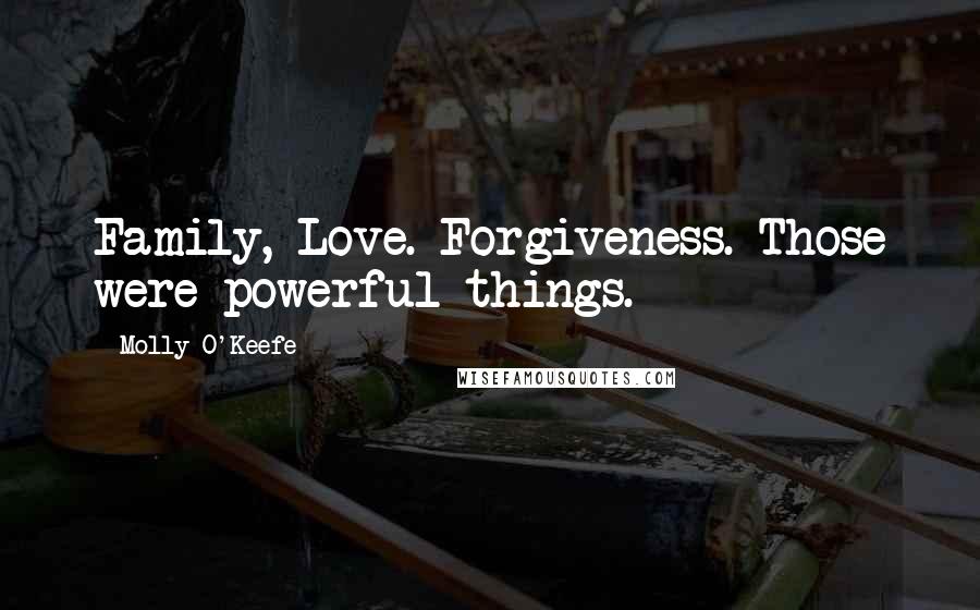 Molly O'Keefe quotes: Family, Love. Forgiveness. Those were powerful things.