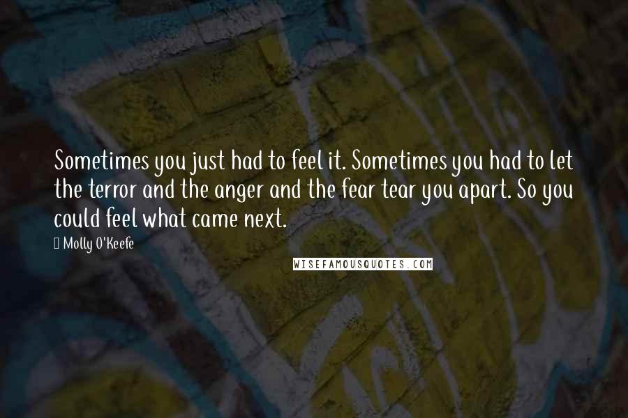 Molly O'Keefe quotes: Sometimes you just had to feel it. Sometimes you had to let the terror and the anger and the fear tear you apart. So you could feel what came next.