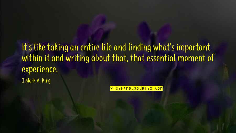 Moment Important Quotes By Mark A. King: It's like taking an entire life and finding Moment Important Quotes By Mark A. King: It's like taking an entire life and finding
