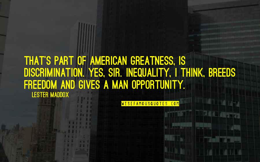 Money From A Raisin In The Sun Quotes By Lester Maddox: That's part of American greatness, is discrimination. Yes,