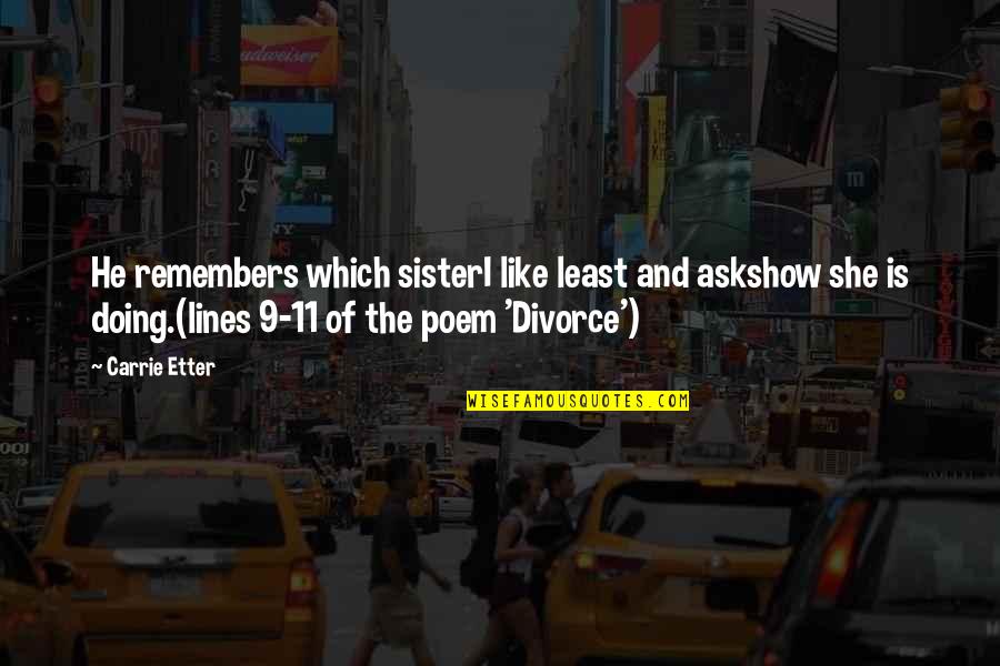 Mooie Lichaam Quotes By Carrie Etter: He remembers which sisterI like least and askshow Mooie Lichaam Quotes By Carrie Etter: He remembers which sisterI like least and askshow