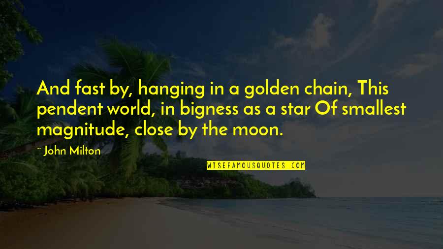 Moon In Quotes By John Milton: And fast by, hanging in a golden chain,