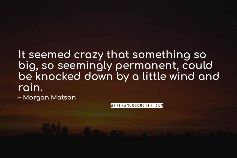 Morgan Matson quotes: It seemed crazy that something so big, so seemingly permanent, could be knocked down by a little wind and rain. Morgan Matson quotes: It seemed crazy that something so big, so seemingly permanent, could be knocked down by a little wind and rain.