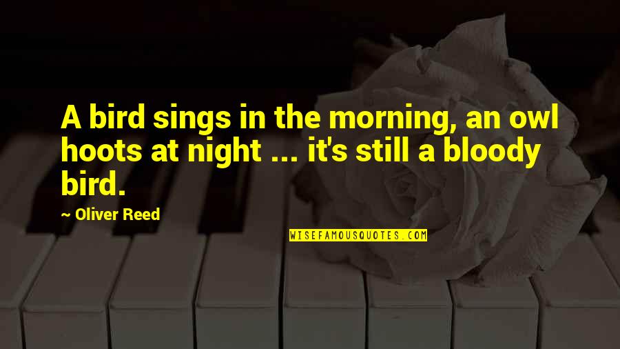 Morning With Nature Quotes By Oliver Reed: A bird sings in the morning, an owl Morning With Nature Quotes By Oliver Reed: A bird sings in the morning, an owl