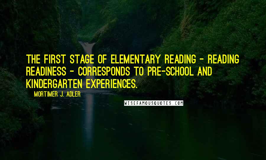 Mortimer J. Adler quotes: The first stage of elementary reading - reading readiness - corresponds to pre-school and kindergarten experiences. Mortimer J. Adler quotes: The first stage of elementary reading - reading readiness - corresponds to pre-school and kindergarten experiences.