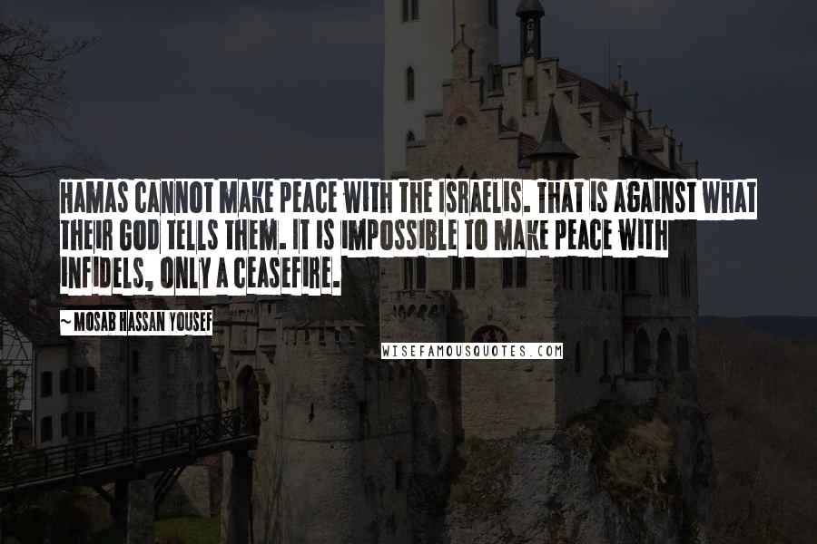 Mosab Hassan Yousef quotes: Hamas cannot make peace with the Israelis. That is against what their God tells them. It is impossible to make peace with infidels, only a ceasefire. Mosab Hassan Yousef quotes: Hamas cannot make peace with the Israelis. That is against what their God tells them. It is impossible to make peace with infidels, only a ceasefire.