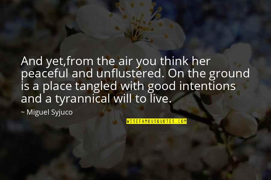 Most Peaceful Quotes By Miguel Syjuco: And yet,from the air you think her peaceful Most Peaceful Quotes By Miguel Syjuco: And yet,from the air you think her peaceful