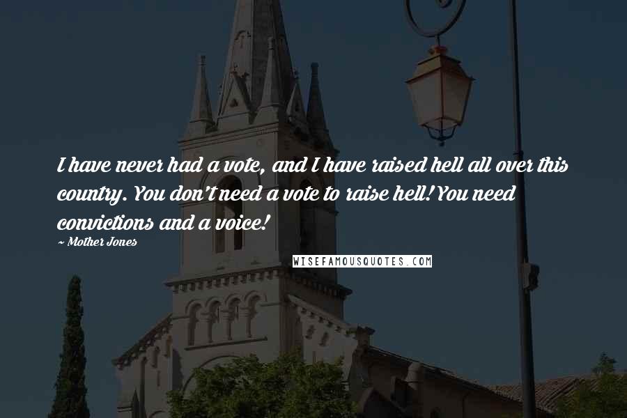 Mother Jones quotes: I have never had a vote, and I have raised hell all over this country. You don't need a vote to raise hell! You need convictions and a voice!