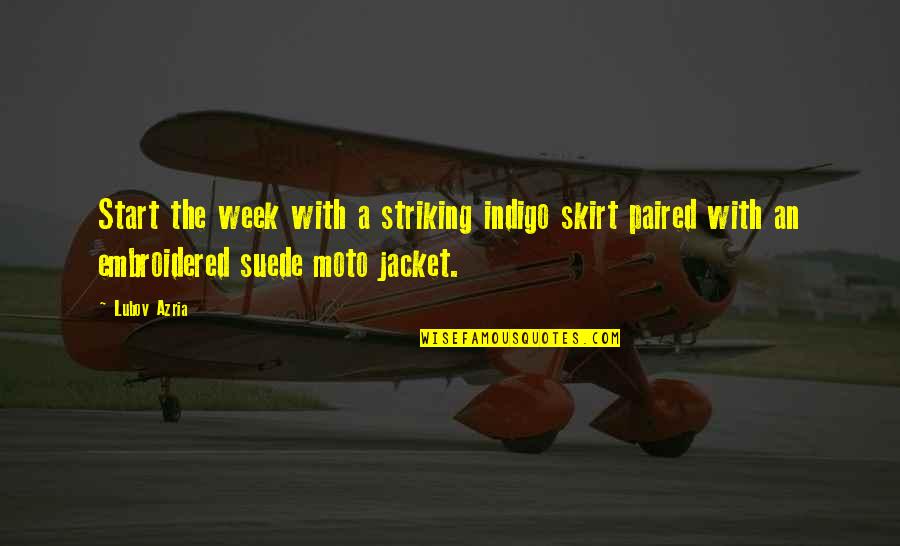 Moto Quotes By Lubov Azria: Start the week with a striking indigo skirt