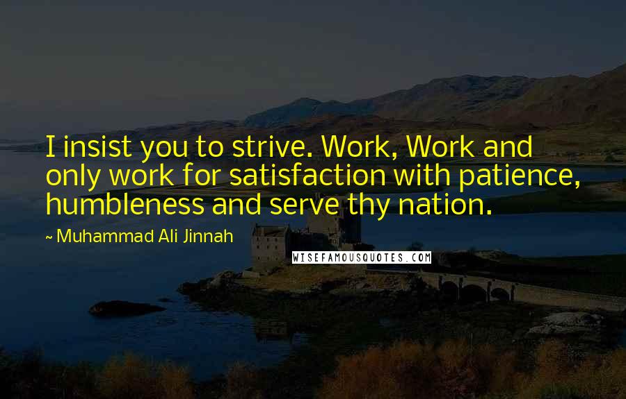 Muhammad Ali Jinnah quotes: I insist you to strive. Work, Work and only work for satisfaction with patience, humbleness and serve thy nation.
