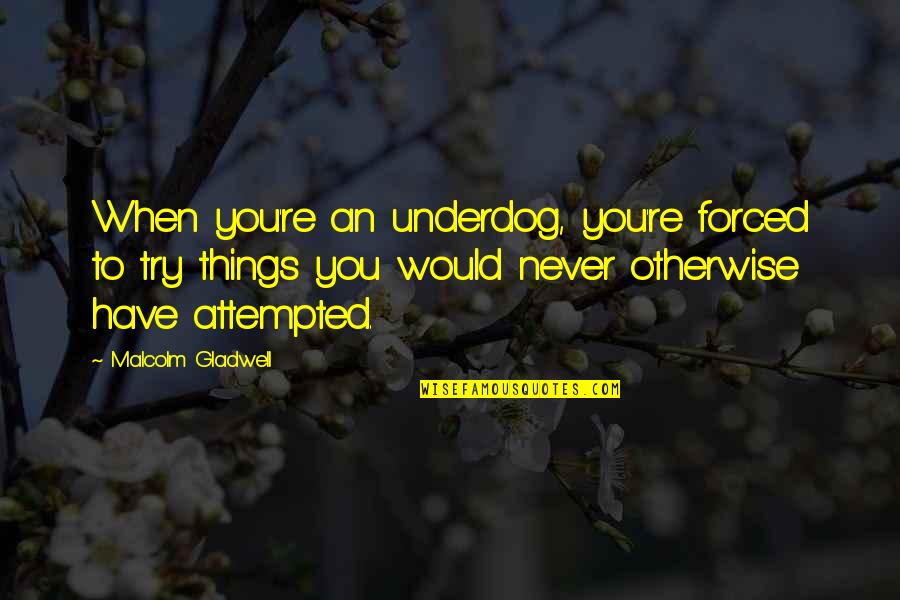 Muhammad Alley Quotes By Malcolm Gladwell: When you're an underdog, you're forced to try Muhammad Alley Quotes By Malcolm Gladwell: When you're an underdog, you're forced to try