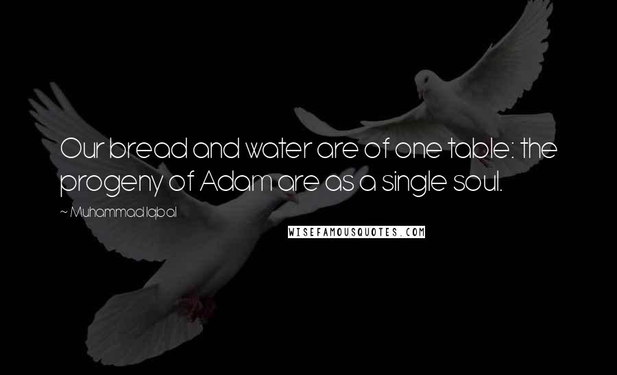 Muhammad Iqbal quotes: Our bread and water are of one table: the progeny of Adam are as a single soul.