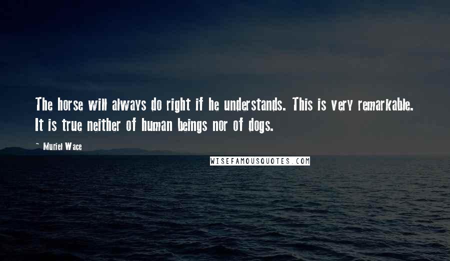 Muriel Wace quotes: The horse will always do right if he understands. This is very remarkable. It is true neither of human beings nor of dogs.