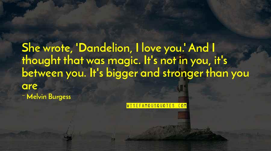 My Love Is Bigger Quotes By Melvin Burgess: She wrote, 'Dandelion, I love you.' And I