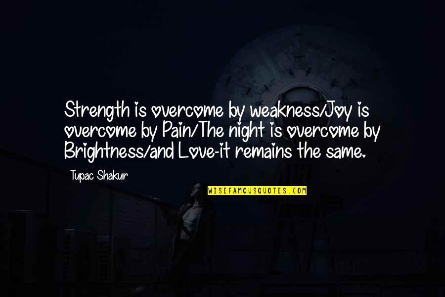My Weakness Love Quotes By Tupac Shakur: Strength is overcome by weakness/Joy is overcome by