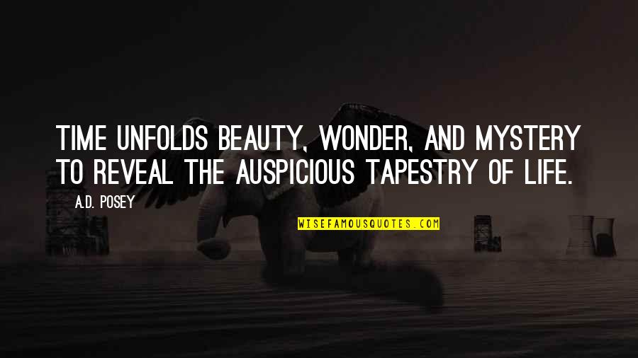 Mystery Of Time Quotes By A.D. Posey: Time unfolds beauty, wonder, and mystery to reveal