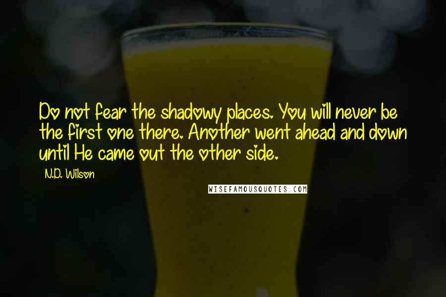 N.D. Wilson quotes: Do not fear the shadowy places. You will never be the first one there. Another went ahead and down until He came out the other side. N.D. Wilson quotes: Do not fear the shadowy places. You will never be the first one there. Another went ahead and down until He came out the other side.